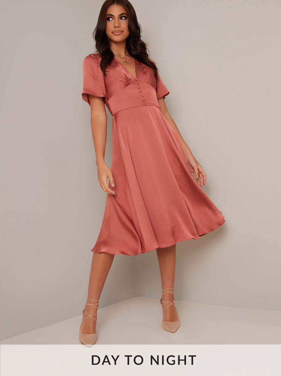 Ruffle Hem Cap Sleeve Silky Midi Dress in Orange