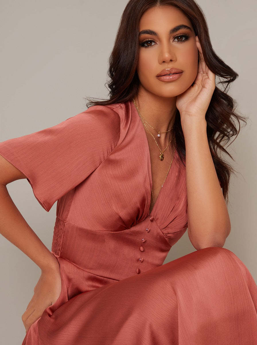 Ruffle Hem Cap Sleeve Silky Midi Dress in Orange