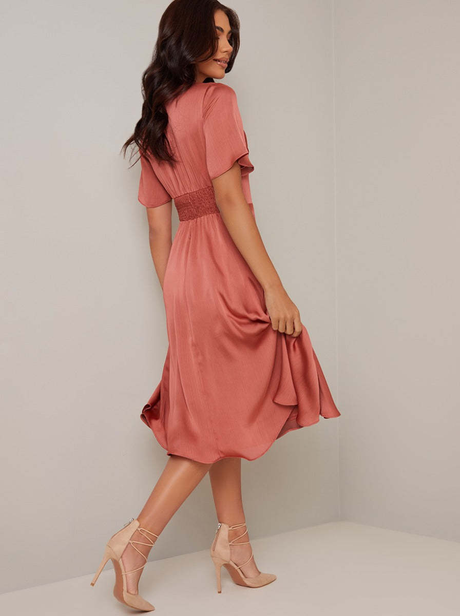 Ruffle Hem Cap Sleeve Silky Midi Dress in Orange
