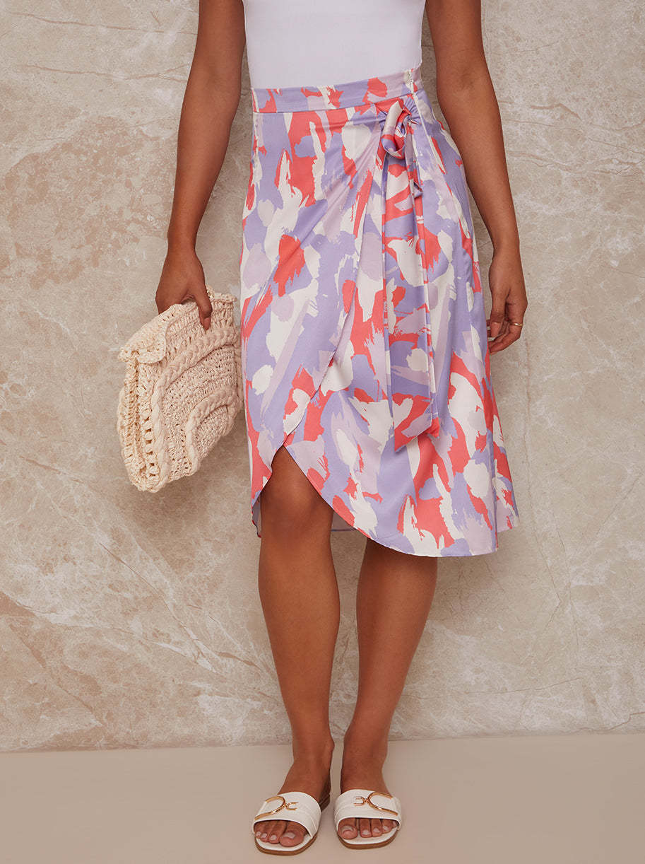 Graphic Print Wrap Detail Midi Skirt in Lilac