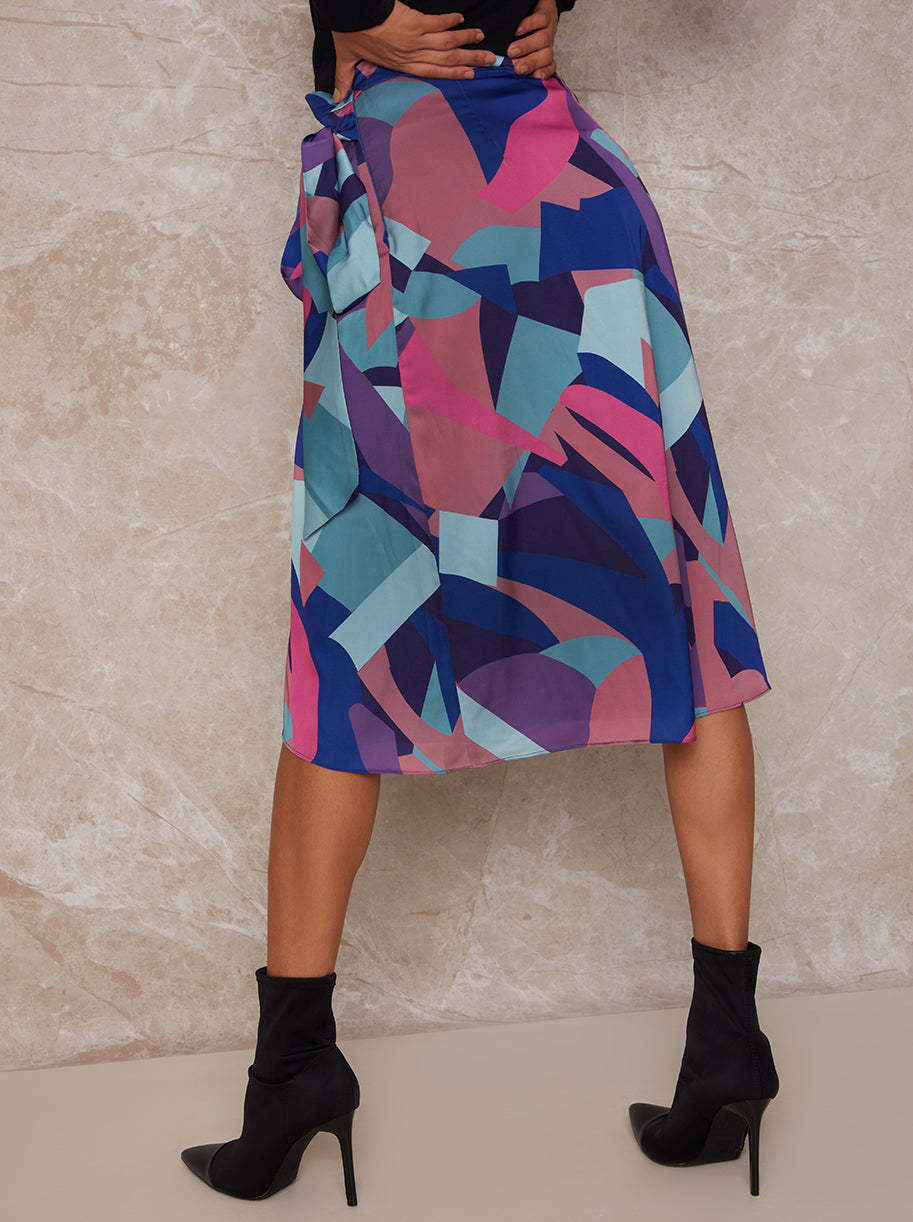 Graphic Print Wrap Detail Midi Skirt in Multi