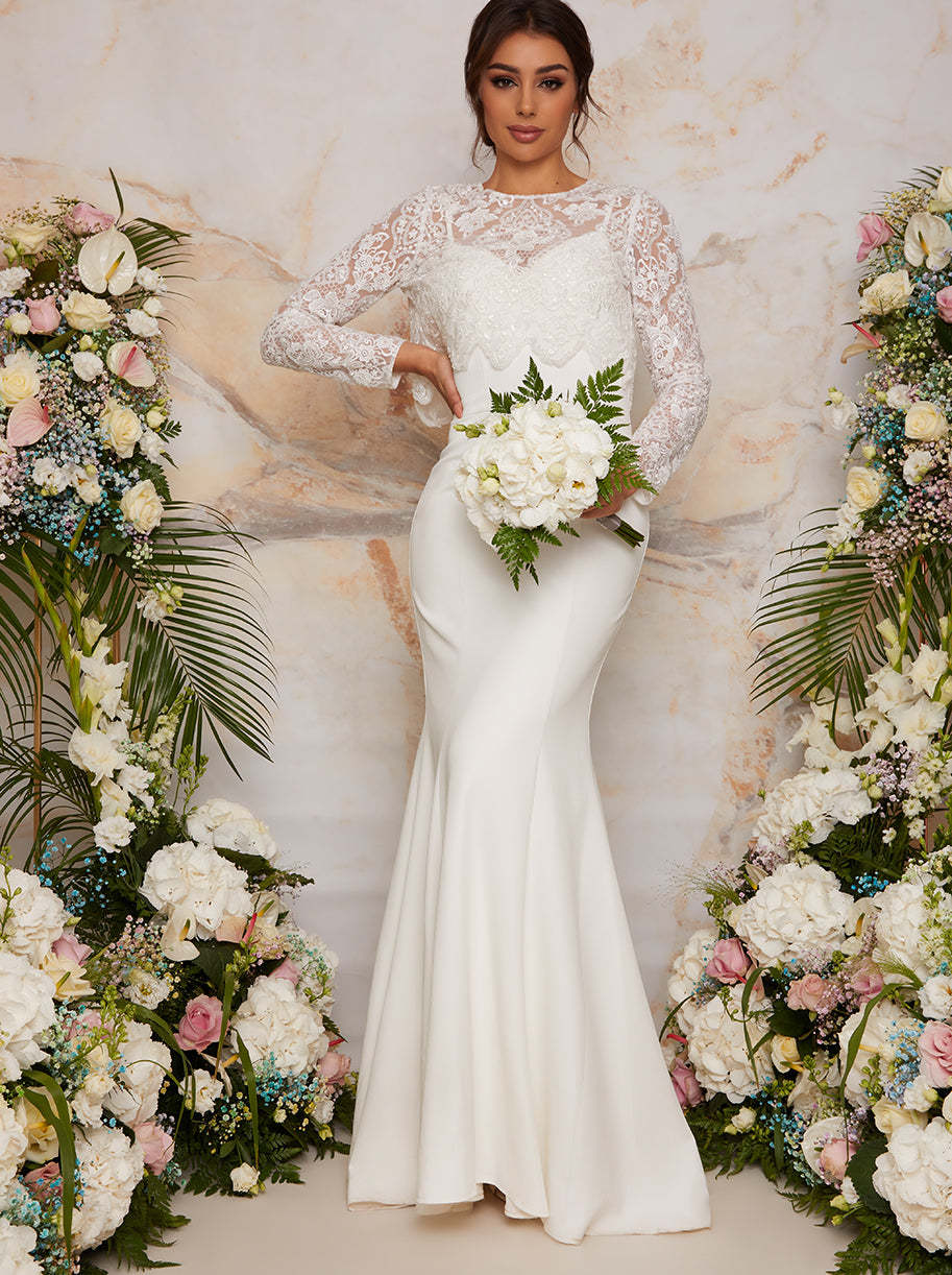 Long Sleeve Lace Bodice Bridal Wedding Dress in White