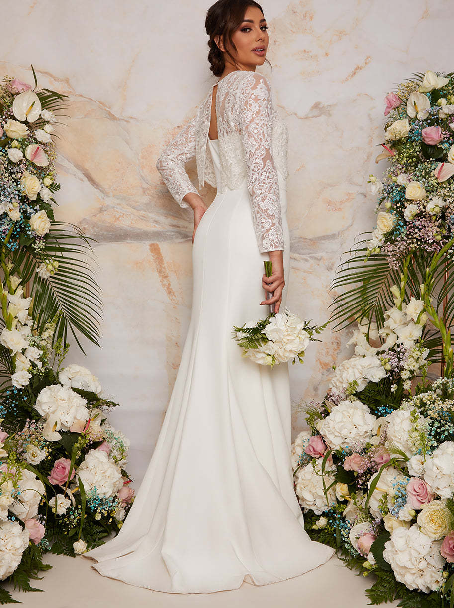 Long Sleeve Lace Bodice Bridal Wedding Dress in White