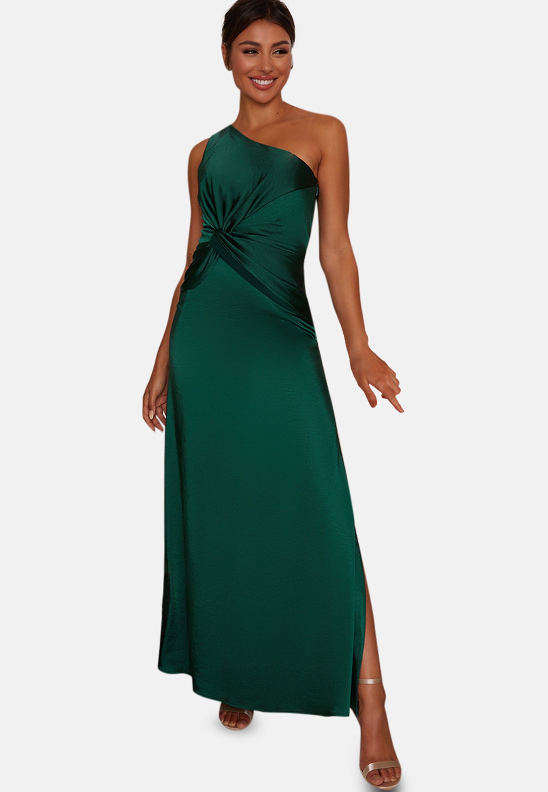 One Shoulder Satin Finish Maxi Dress in Green | Chi Chi London UK