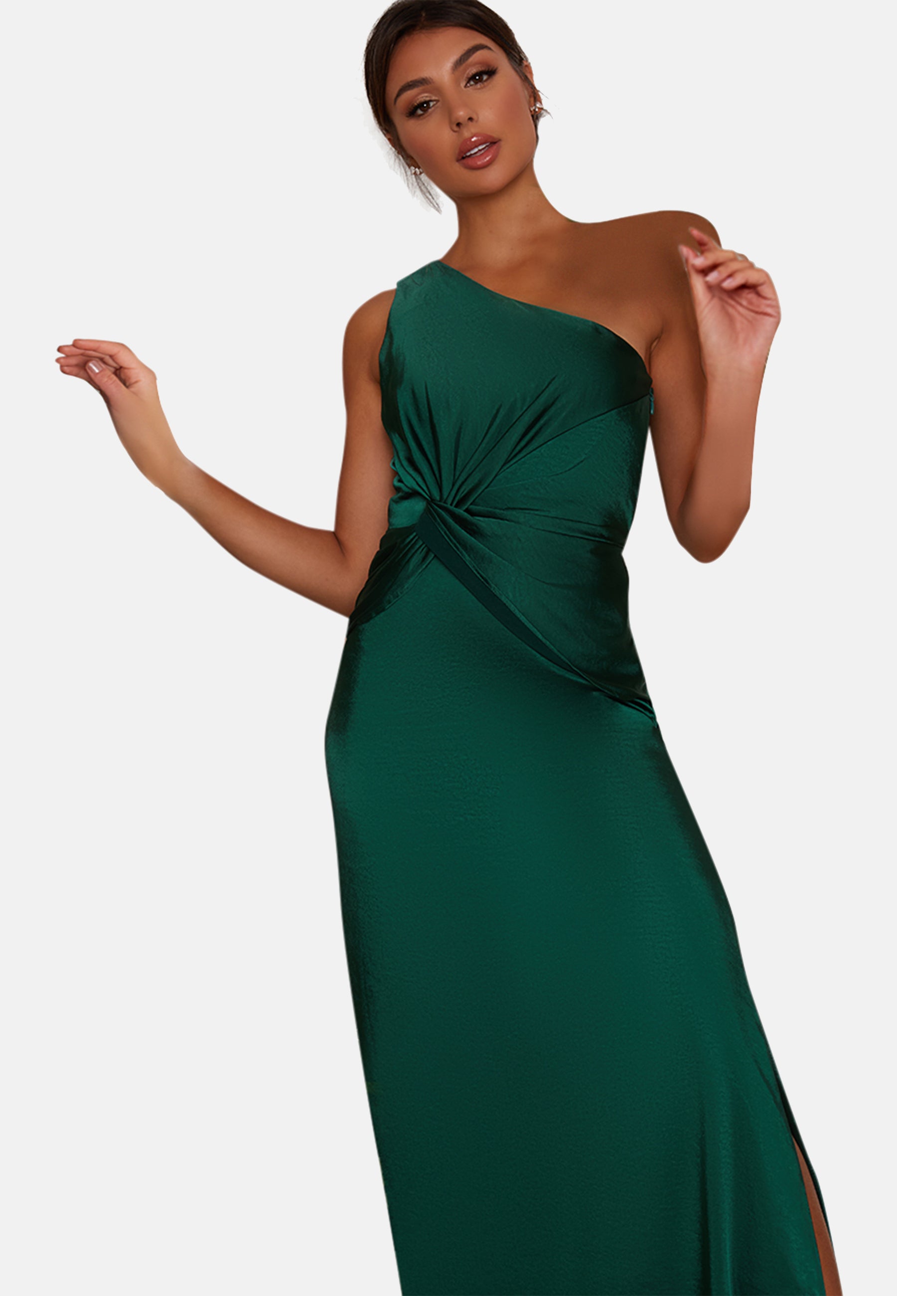 One Shoulder Satin Finish Maxi Dress in Green | Chi Chi London UK