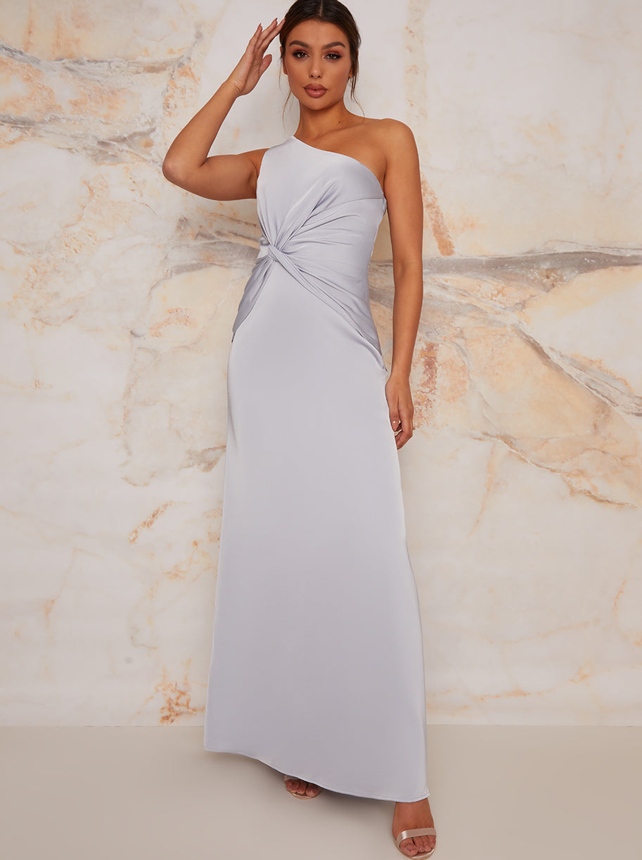 One Shoulder Satin Finish Maxi Dress in Blue