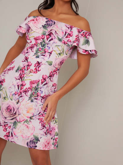 Petite Bardot Frill Floral Print Mini Dress in Pink