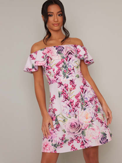 Petite Bardot Frill Floral Print Mini Dress in Pink