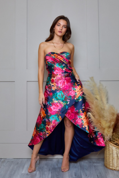 Petite Bandeau Sweetheart Floral Wrap Detail Dip Hem Dress in Navy