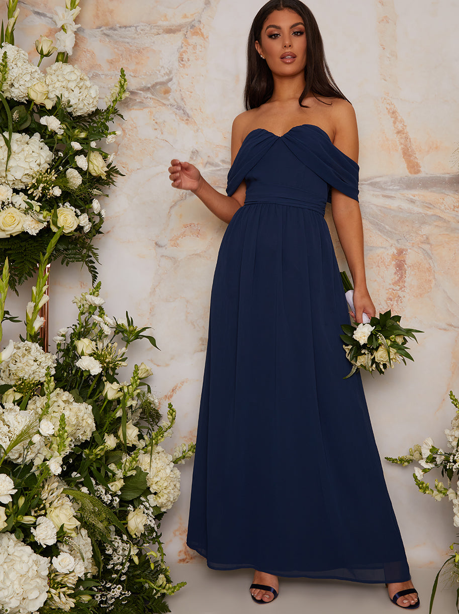 Bardot Draped Chiffon Maxi Dress in Blue