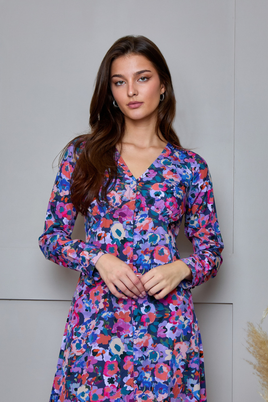 Floral Printed Button Front Satin Midi Dress in Multi
