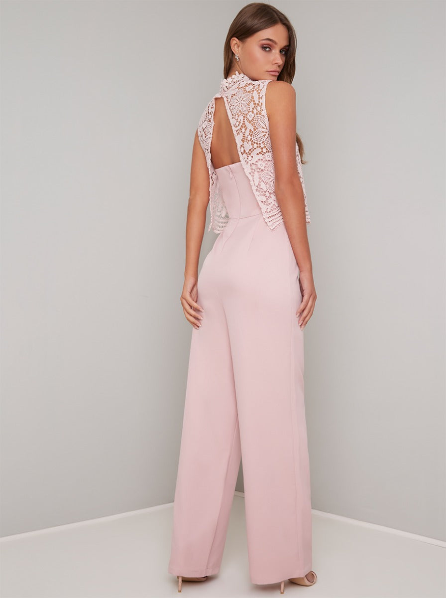 High Neck Lace Overlay Wide Leg Jumpsuit in Pink