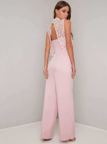 High Neck Lace Overlay Wide Leg Jumpsuit in Pink