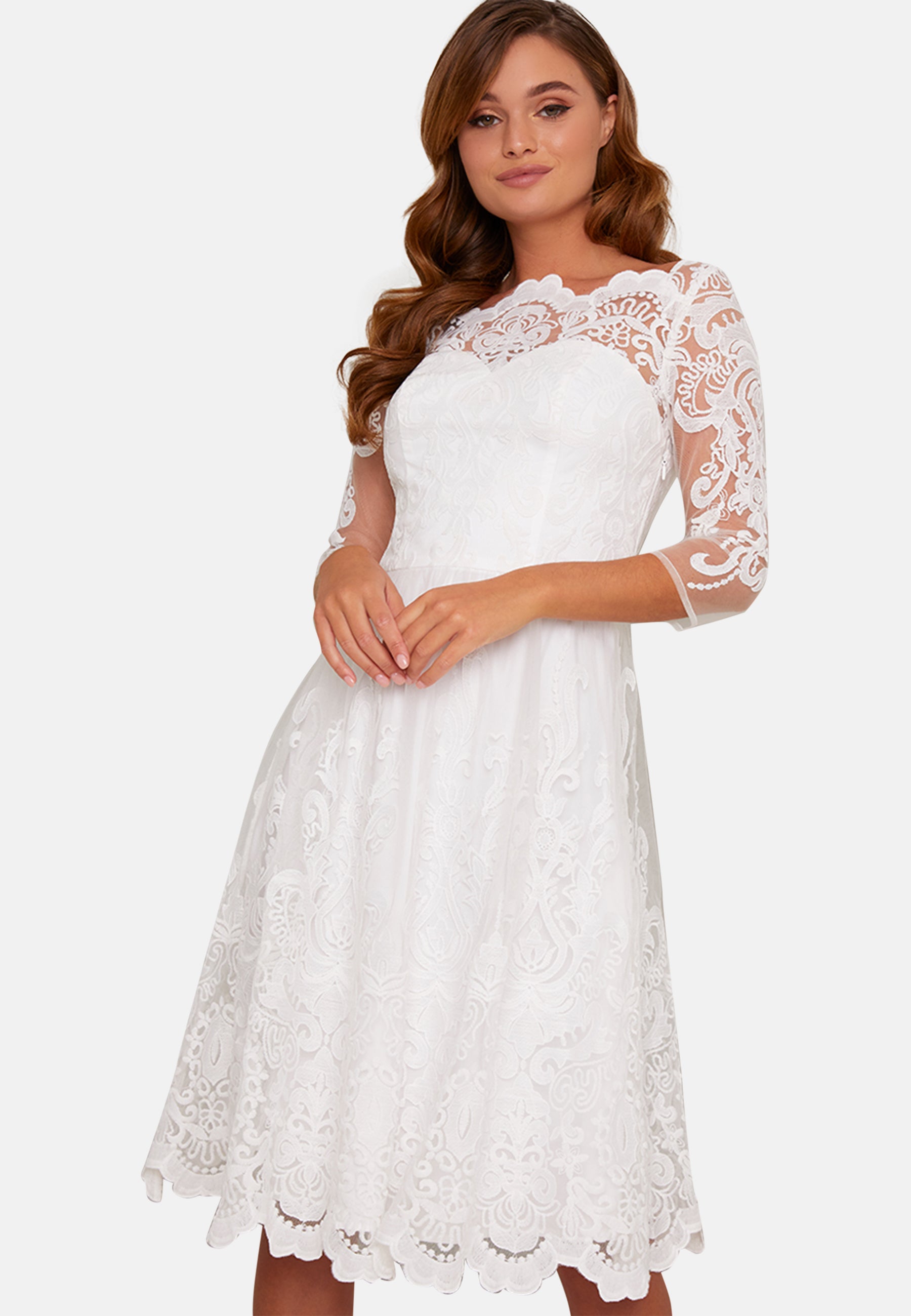 Lace Midi Wedding Dress in White