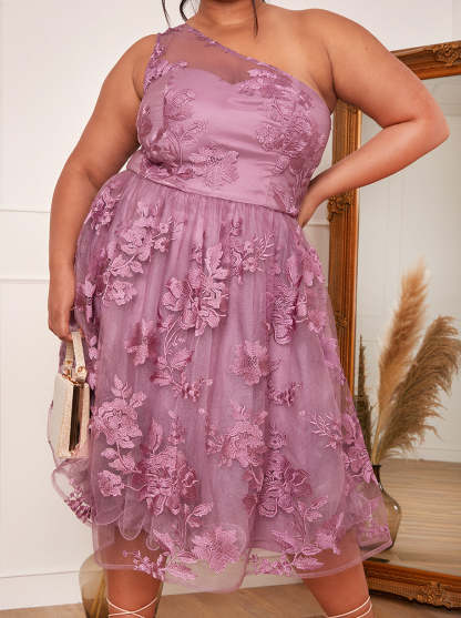 Plus Size Floral Embroidered Skater Midi Dress in Purple
