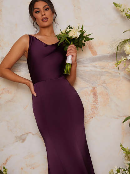 Cowl Neck Satin Slip Maxi Dress in Purple