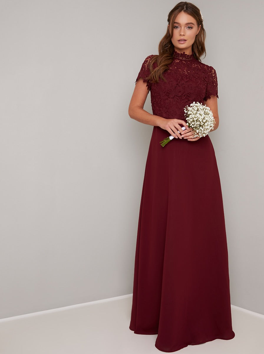 Lace Bodice High Neck Maxi Dress in Red