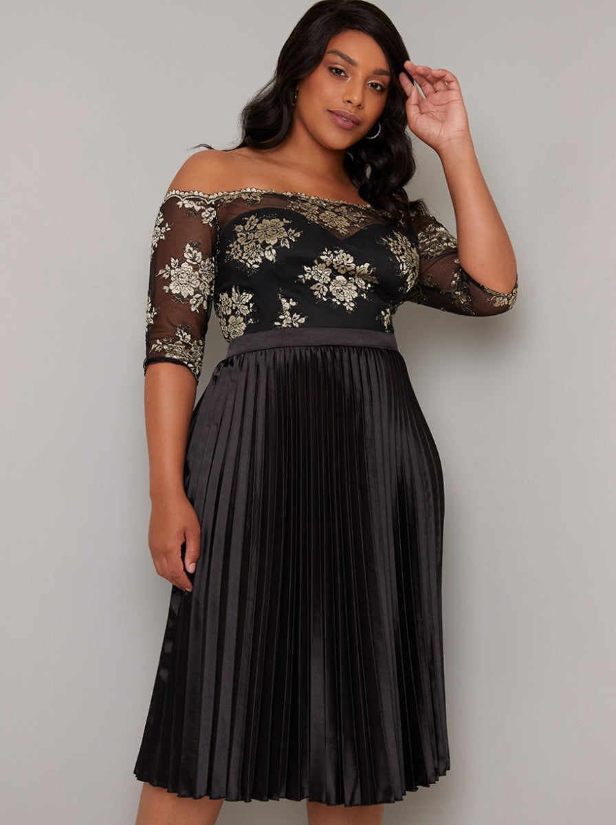 Plus Size Bardot Lace Bodice Pleat Midi Dress in Black Chi Chi London UK