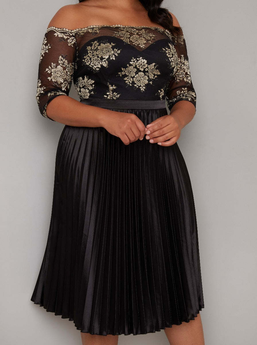 Plus Size Bardot Lace Bodice Pleat Midi Dress in Black