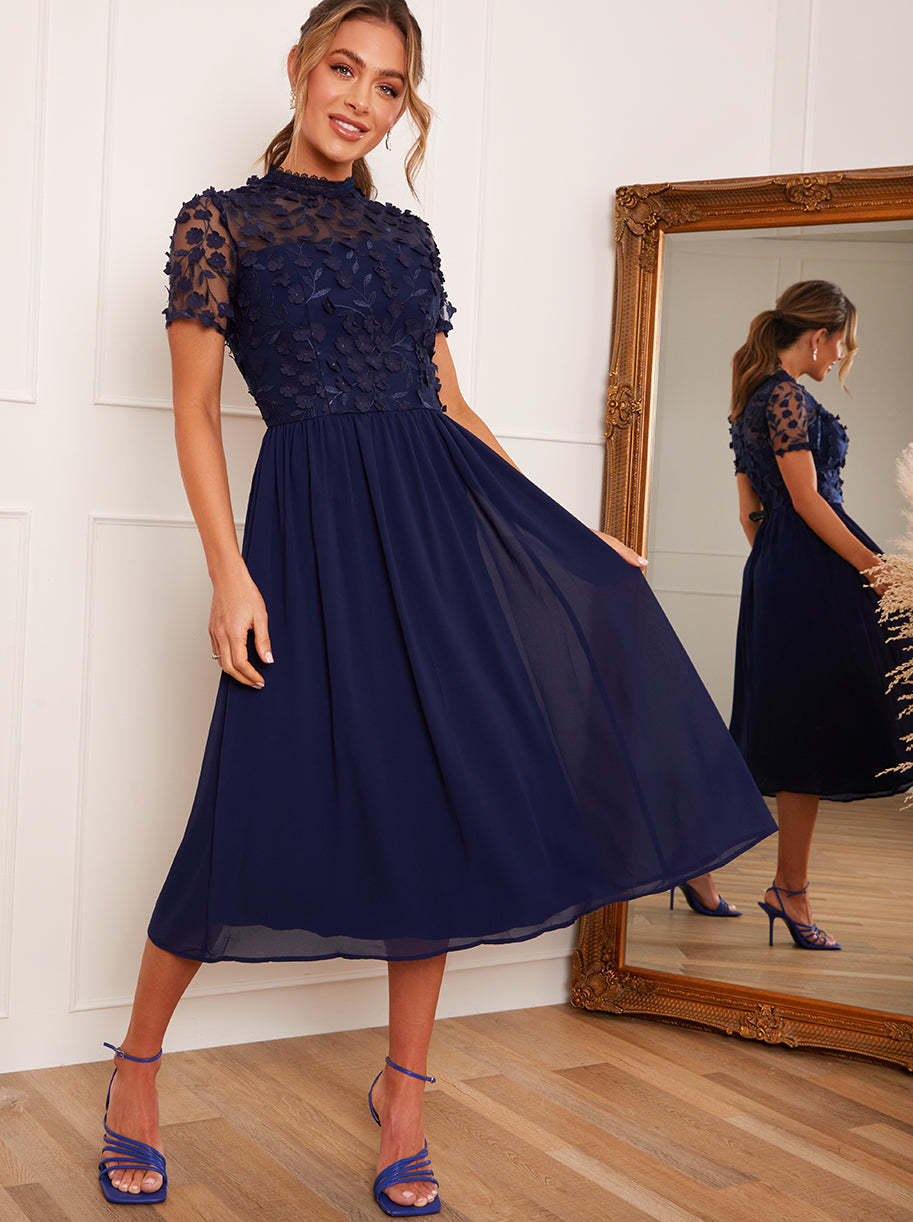 Short Sleeve Floral Embroidered Midi Dress in Navy