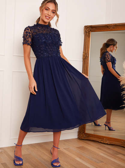 Short Sleeve Floral Embroidered Midi Dress in Navy