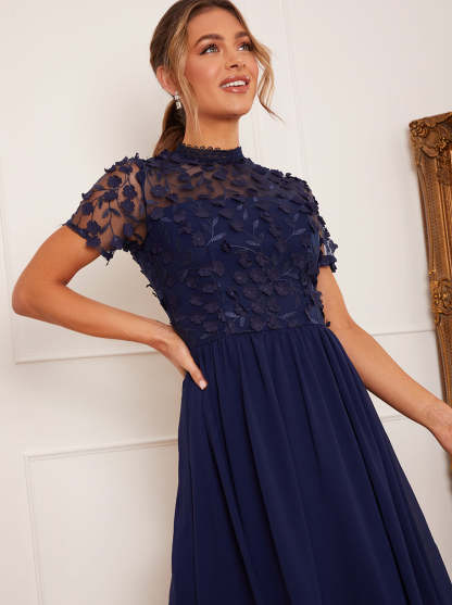Short Sleeve Floral Embroidered Midi Dress in Navy