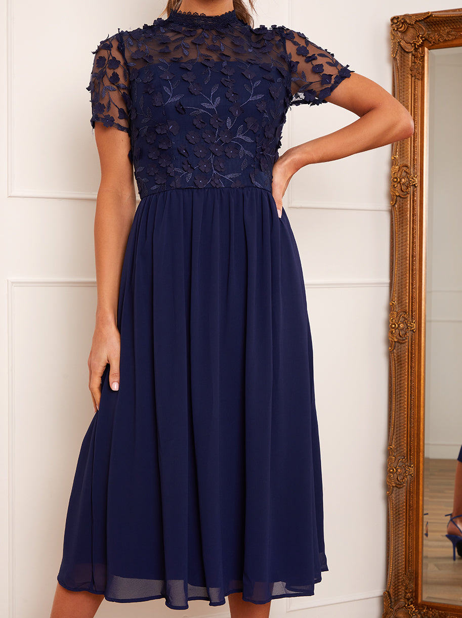 Short Sleeve Floral Embroidered Midi Dress in Navy