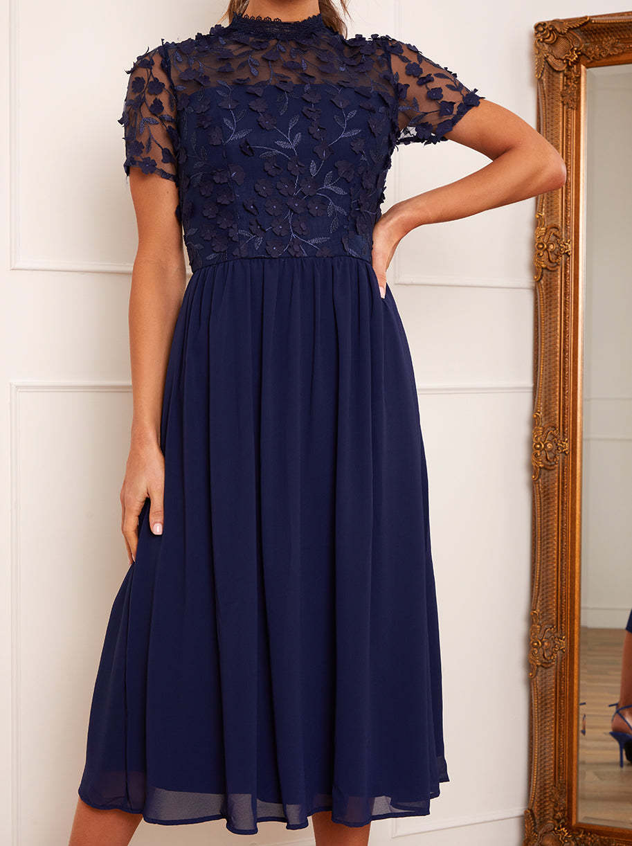 Short Sleeve Floral Embroidered Midi Dress in Navy