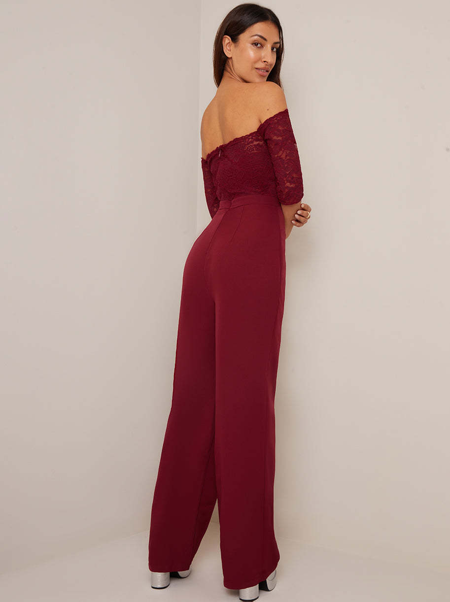 Bardot Embroidered Jumpsuit in Burgundy
