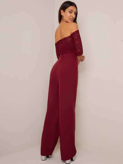 Bardot Embroidered Jumpsuit in Burgundy