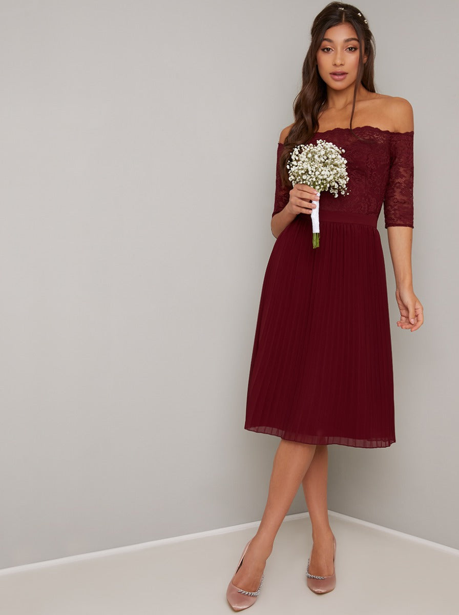 Lace Bardot Bodice Pleat Midi Dress in Burgundy