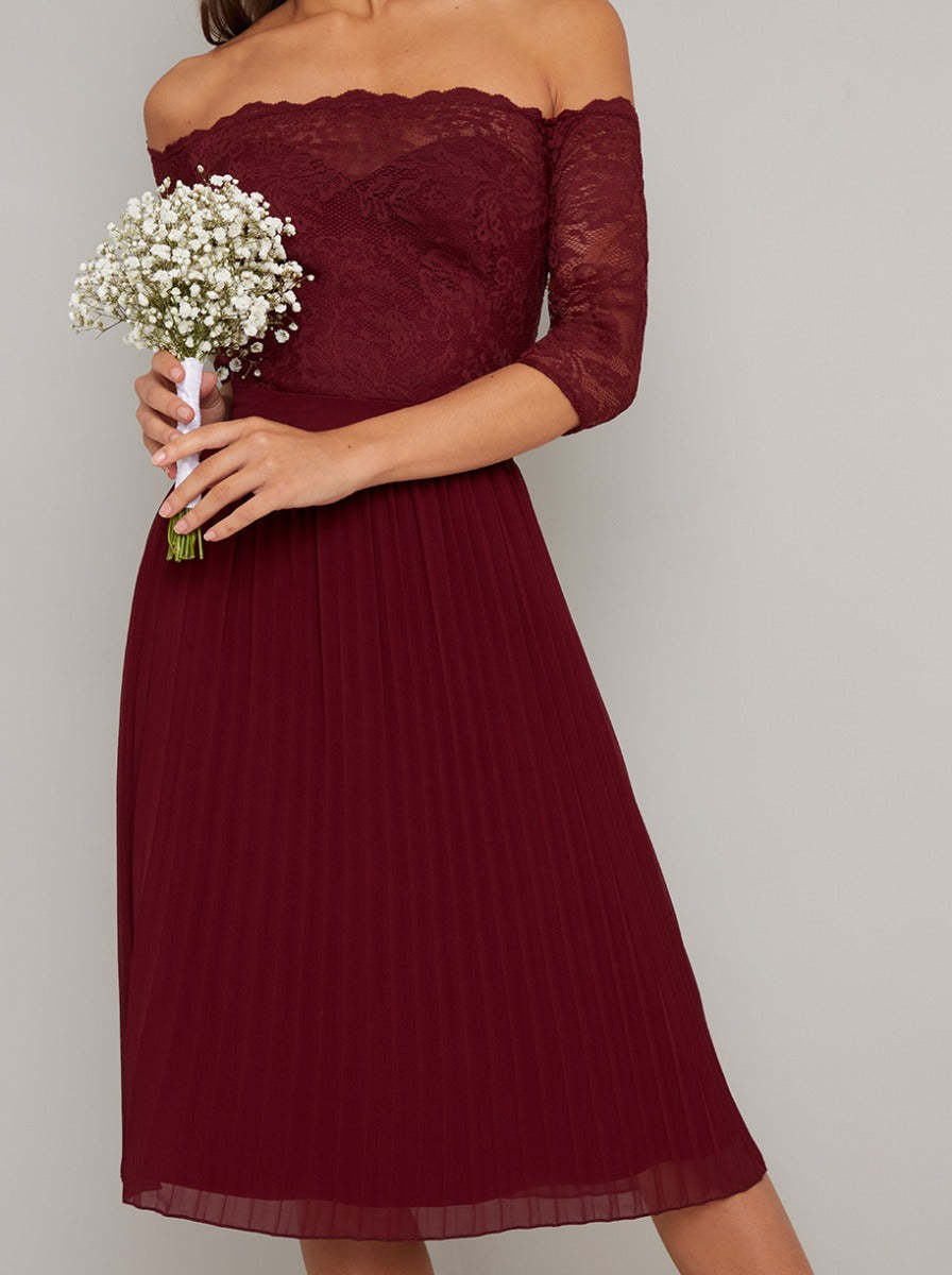 Lace Bardot Bodice Pleat Midi Dress in Burgundy