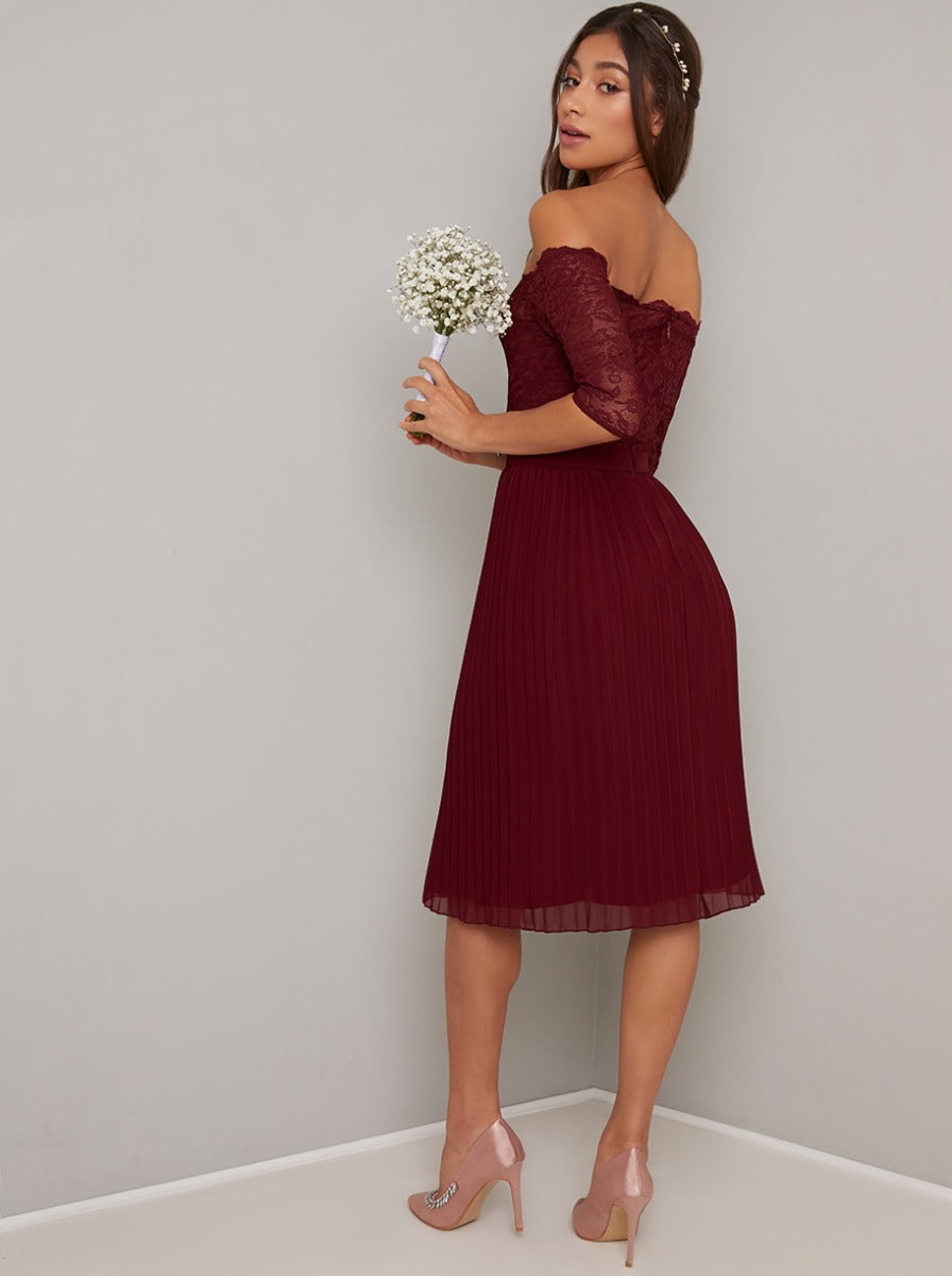 Lace Bardot Bodice Pleat Midi Dress in Burgundy