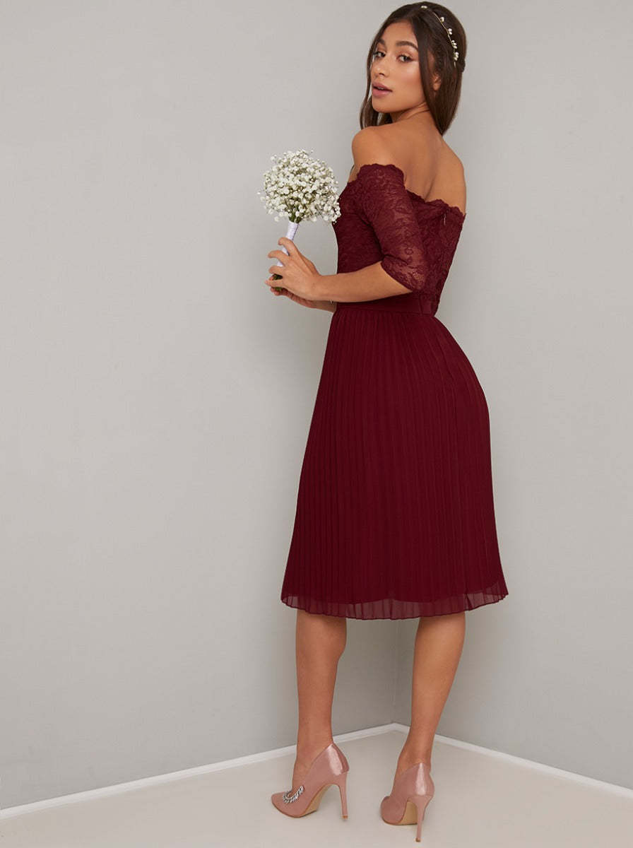 Lace Bardot Bodice Pleat Midi Dress in Burgundy