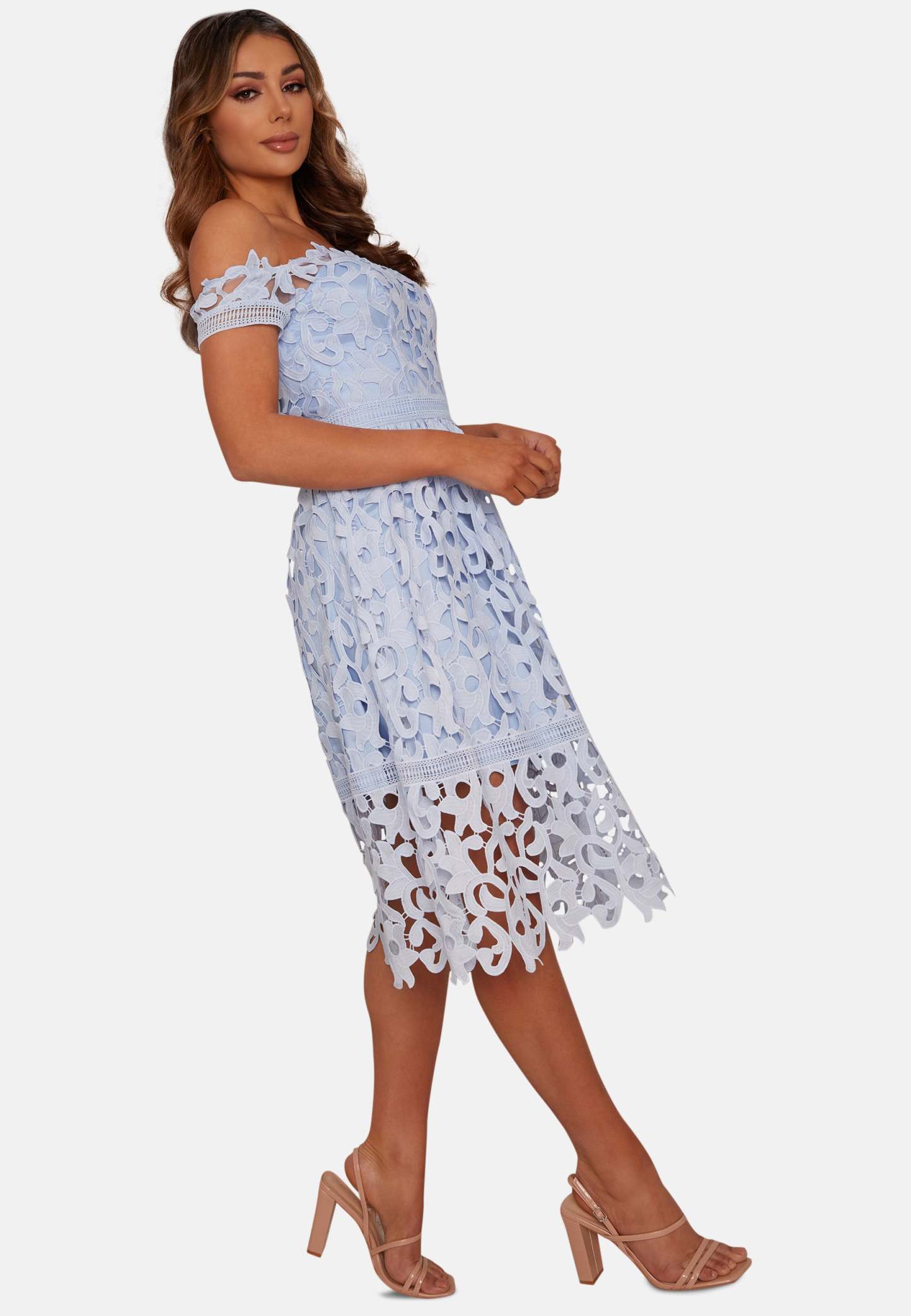 Bardot Lace Midi Crochet Dress in Blue Chi Chi London UK