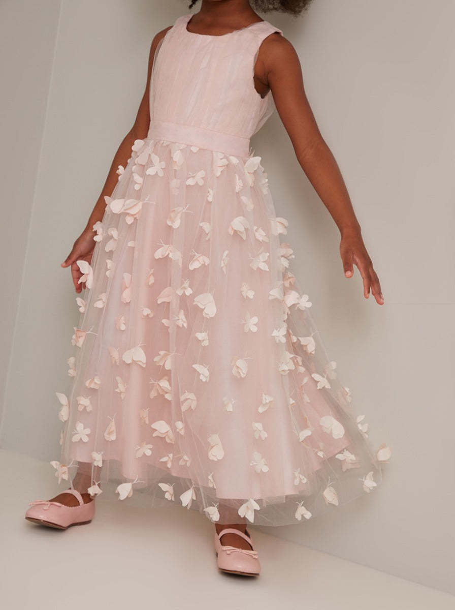 Girls 3D Maxi Tulle Flower Girl Dress in Pink
