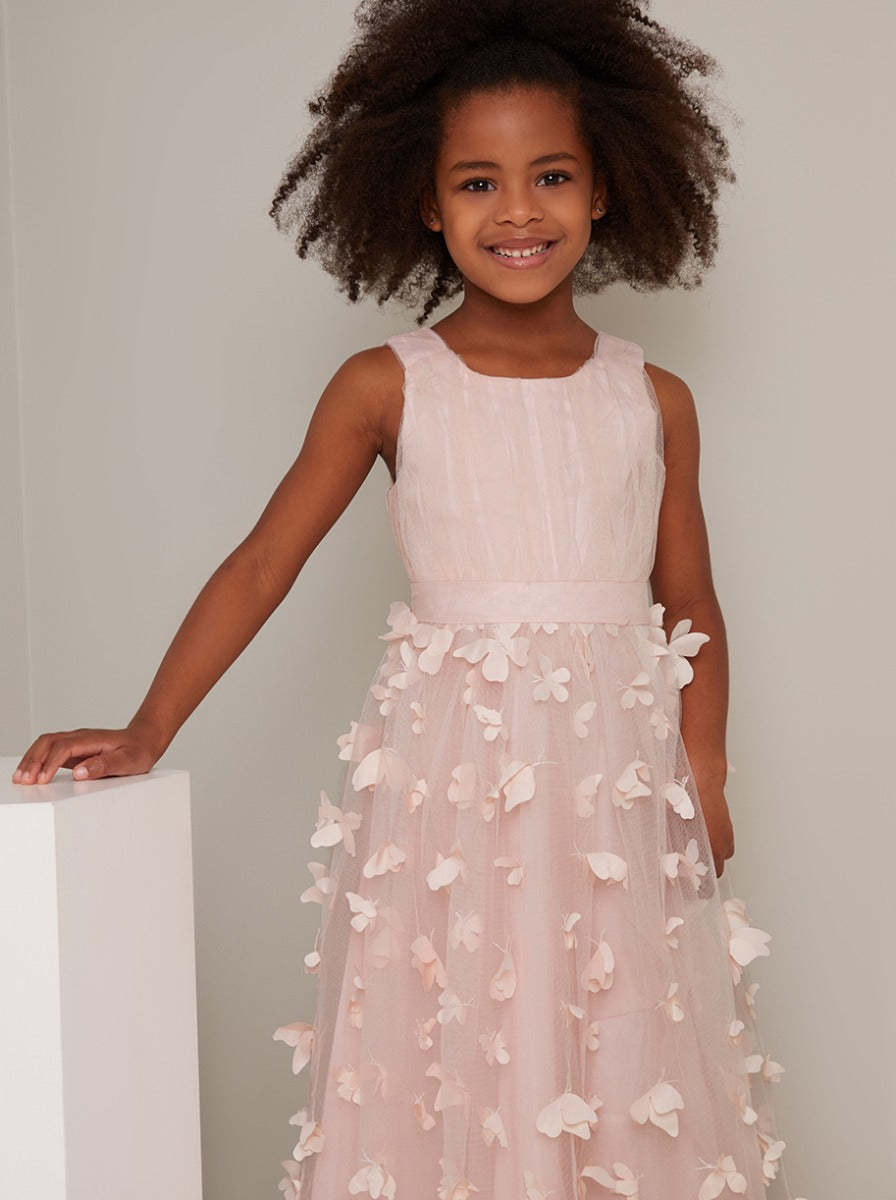 Girls 3D Maxi Tulle Flower Girl Dress in Pink