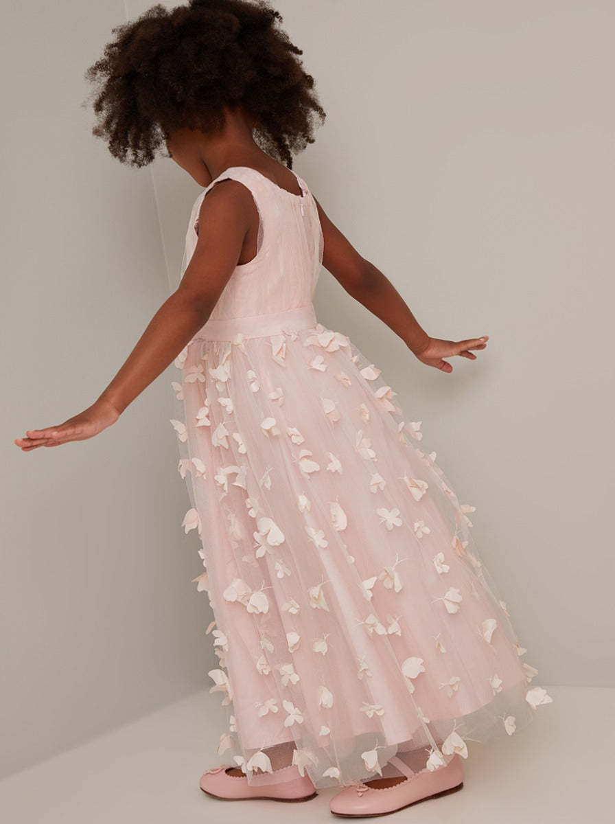 Girls 3D Maxi Tulle Flower Girl Dress in Pink