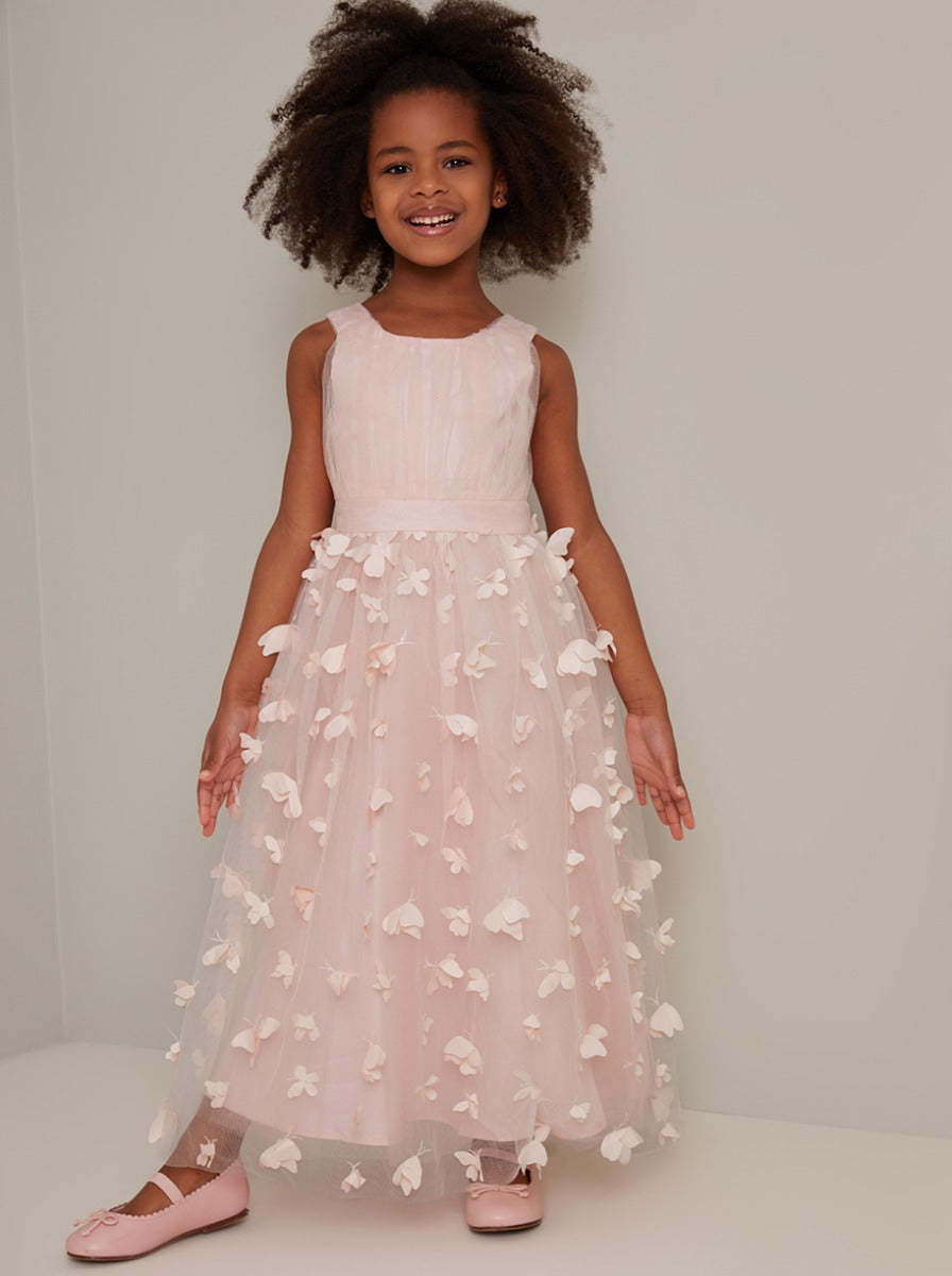 Girls 3D Maxi Tulle Flower Girl Dress in Pink