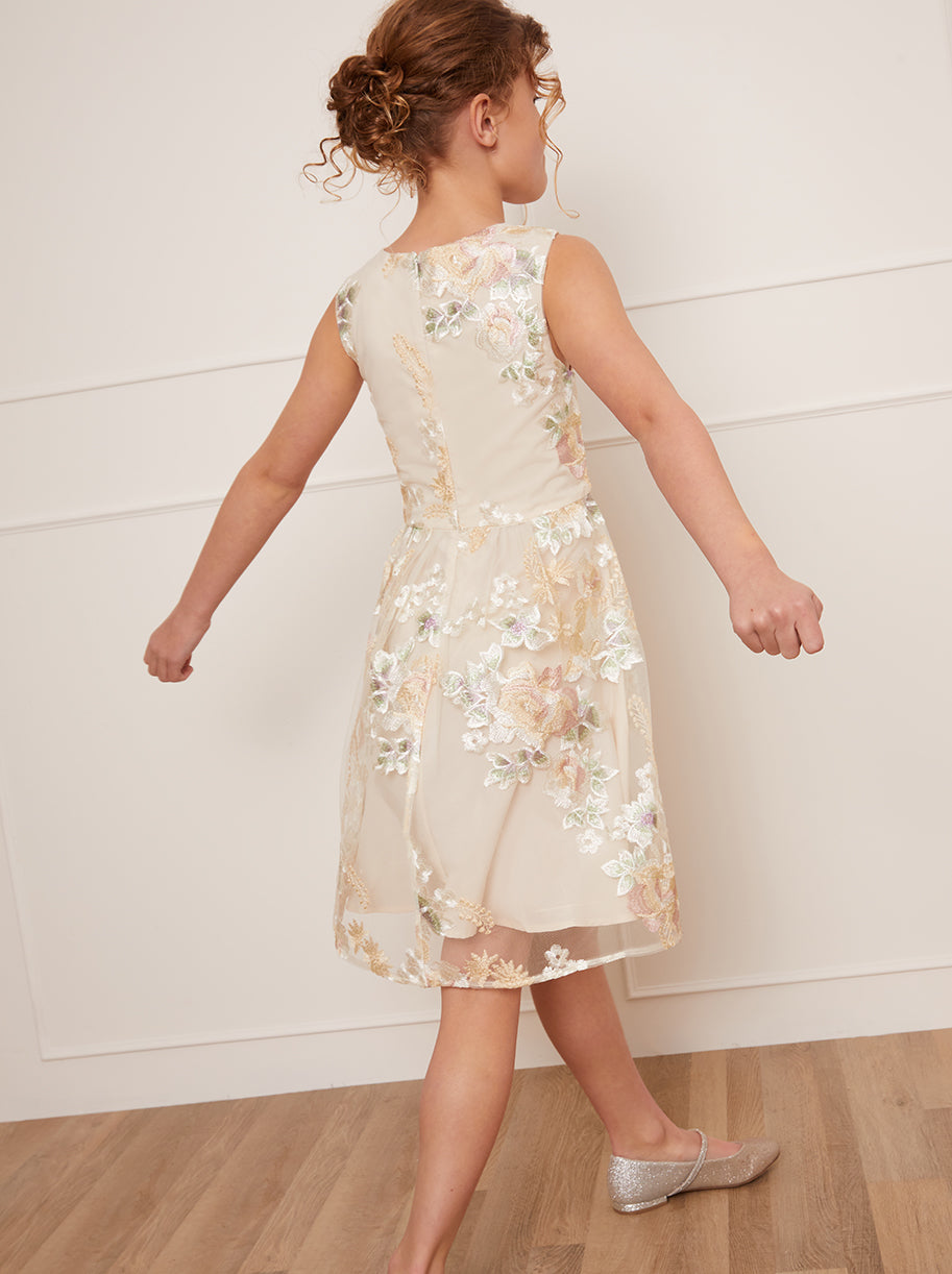 Older Girls Sleeveless Floral Embroidered Midi Dress in Cream Chi Chi London