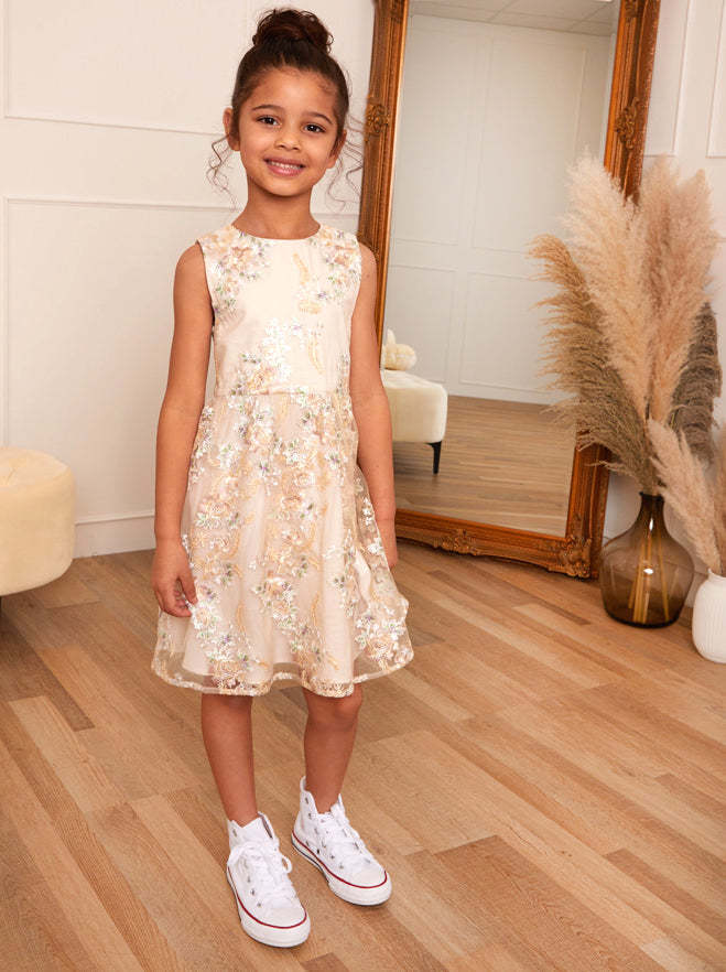 Younger Girls Floral Embroidered Dress in Cream