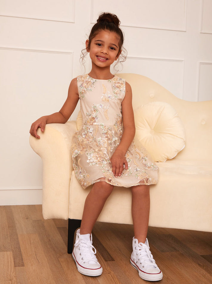 Younger Girls Floral Embroidered Dress in Cream