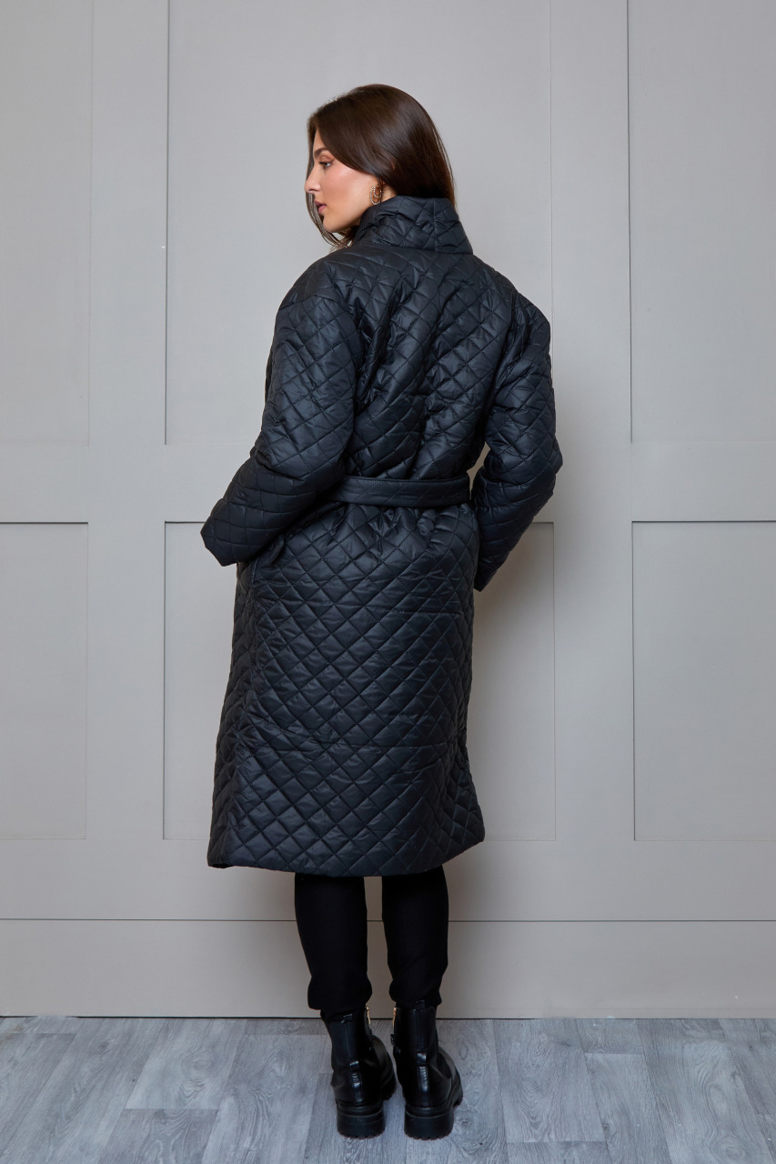 Diamond Quilted Longline Belted Coat in Black