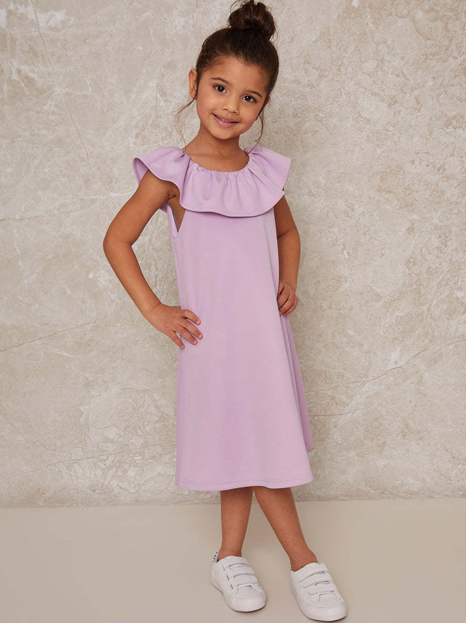 Girls Ruffle Neck Smock Dress in Purple