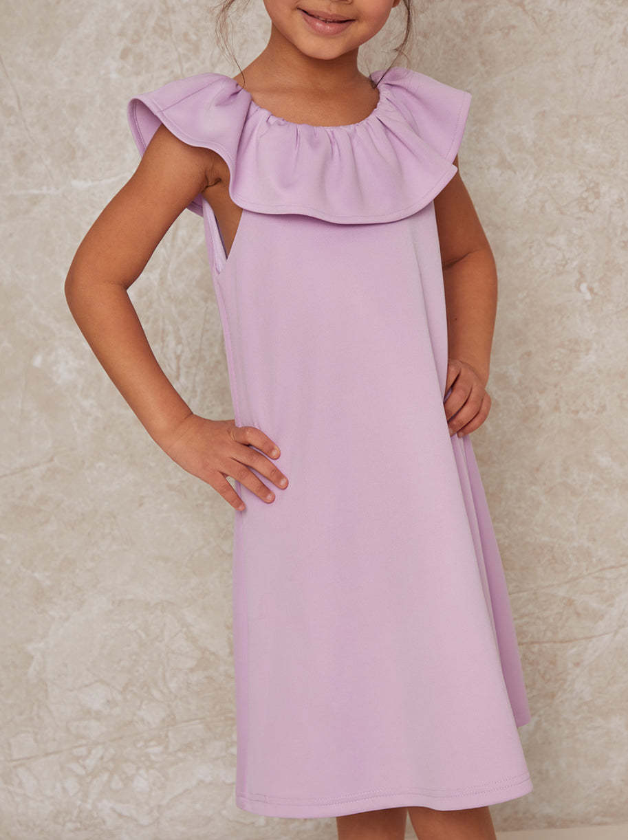 Girls Ruffle Neck Smock Dress in Purple