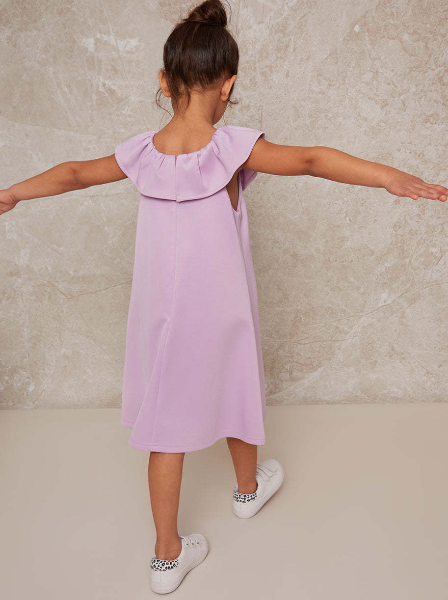 Girls Ruffle Neck Smock Dress in Purple