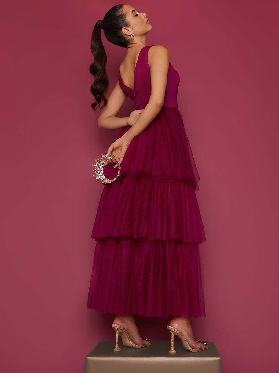 V Neck Tiered Tulle Dip Hem Dress in Berry