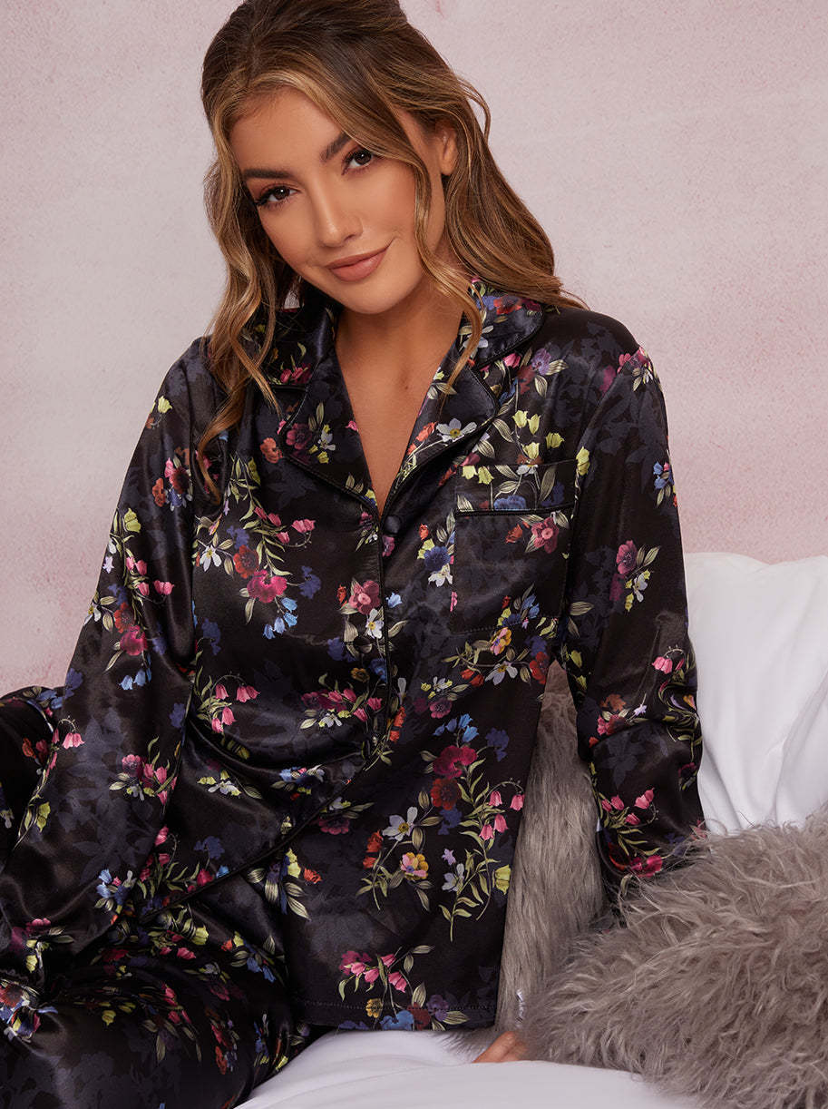 Long Sleeved Silky Floral Print Pyjama Set in Multi