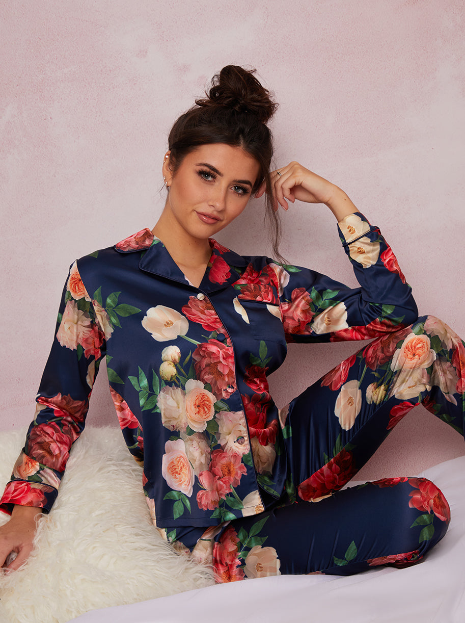 Floral Silky Pyjama Set in Blue Chi Chi London