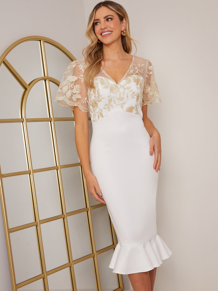 V Neck Embroidered Bodycon Dress in White